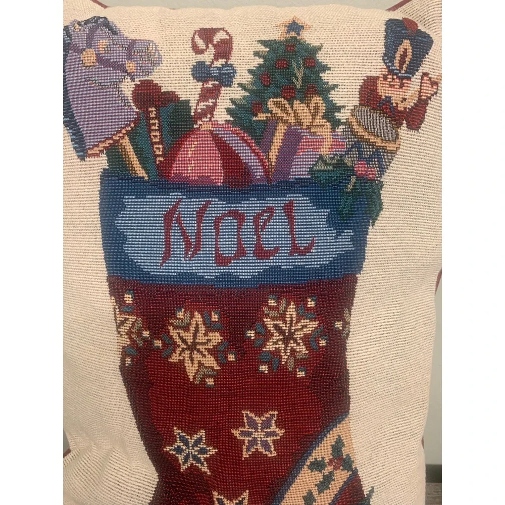 VTG Noel Christmas Stocking Pillow Tapestry Accent Holiday‎ Decor Throw Cushion